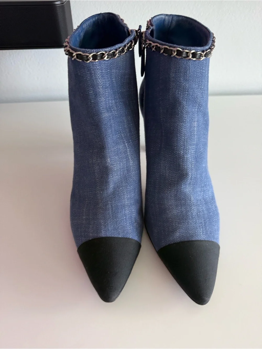 Chanel Blue Denim Fabric with Black and silver Chain Short Heeled Bootie💙
